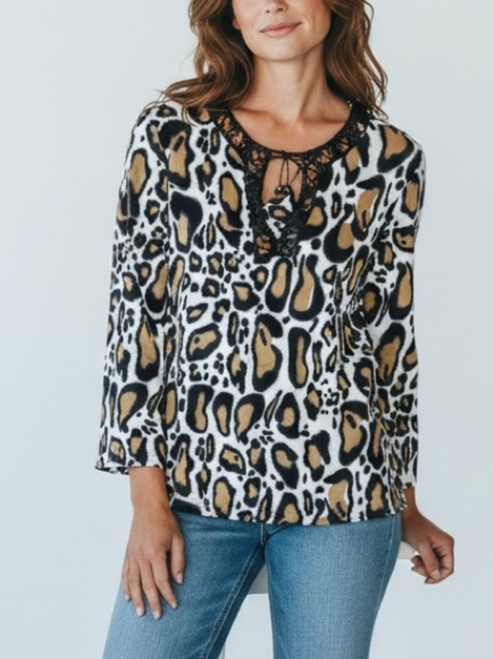 SoCa St.John Leopard Print Metal Beaded Silk Top